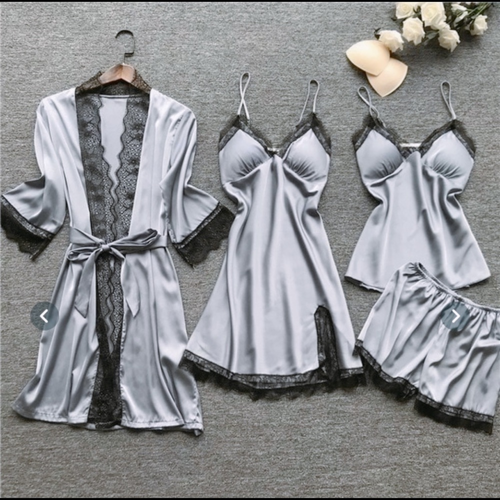 4pc Lace Satin Nightgown Set